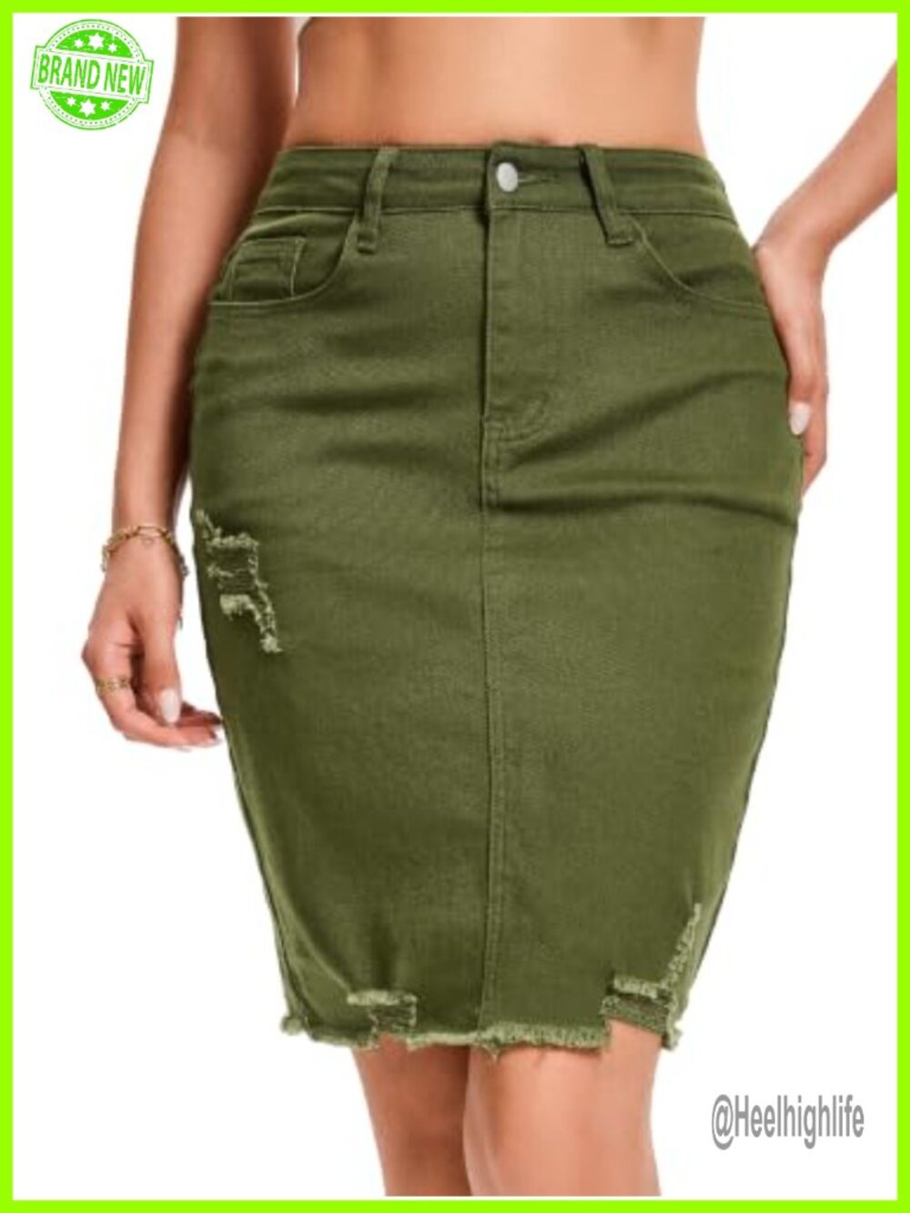 CIMUK Stretchy Pencil Denim Skirt High Waisted Raw Hem Bodycon